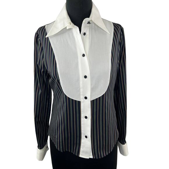 Vivienne Westwood Red Label Blue Striped Bib-Front Button-Up Long Sleeve Top L - Picture 1 of 9